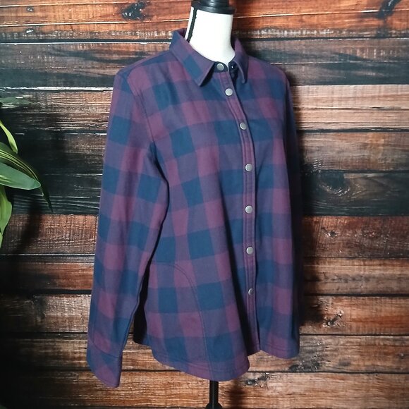 Orvis Jacket XL Fleece Lined Flannel Snap Front Purple Navy Checked Chore Coat - Picture 5 of 13